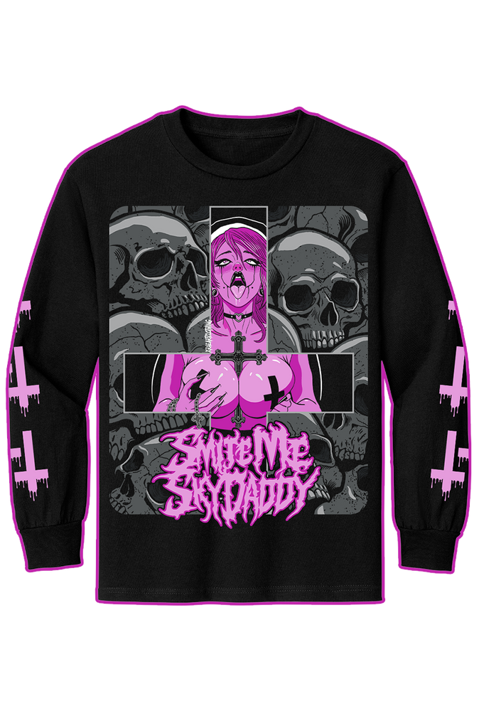 Long Sleeve sexy anime waifu nun with skulls and crosses in pink. Tattoo inspired Dark Art by Xraeart Clothing alternative streetwear.