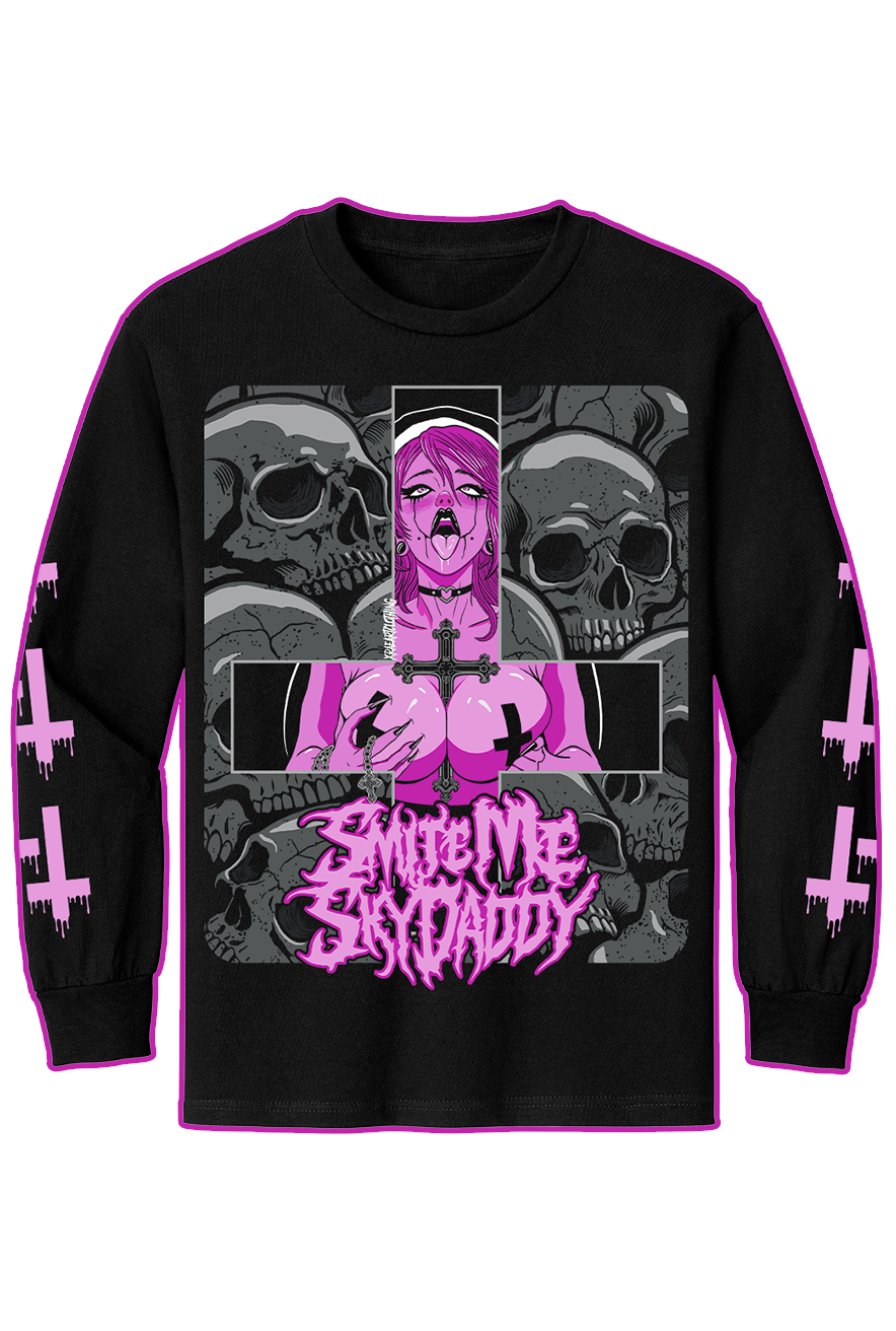 Long Sleeve sexy anime waifu nun with skulls and crosses in pink. Tattoo inspired Dark Art by Xraeart Clothing alternative streetwear.