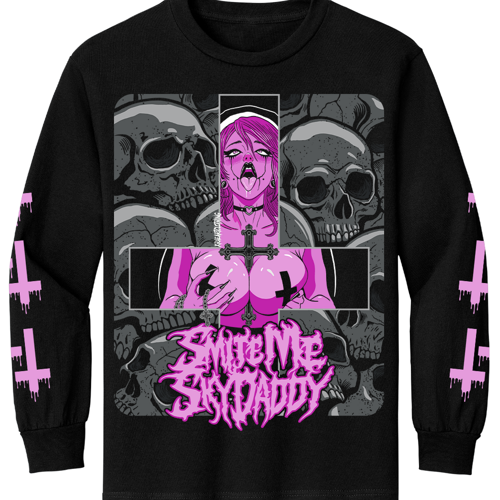 
                  
                    Long Sleeve sexy anime waifu nun with skulls and crosses in pink. Tattoo inspired Dark Art by Xraeart Clothing alternative streetwear.
                  
                