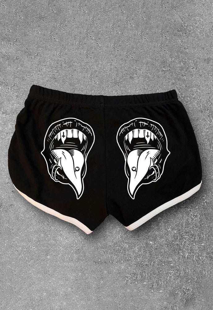 
                  
                    Black goth Vampire Booty Shorts with white trim. Tattoo inspired Dark Art by Xraeart Clothing alternative streetwear.
                  
                