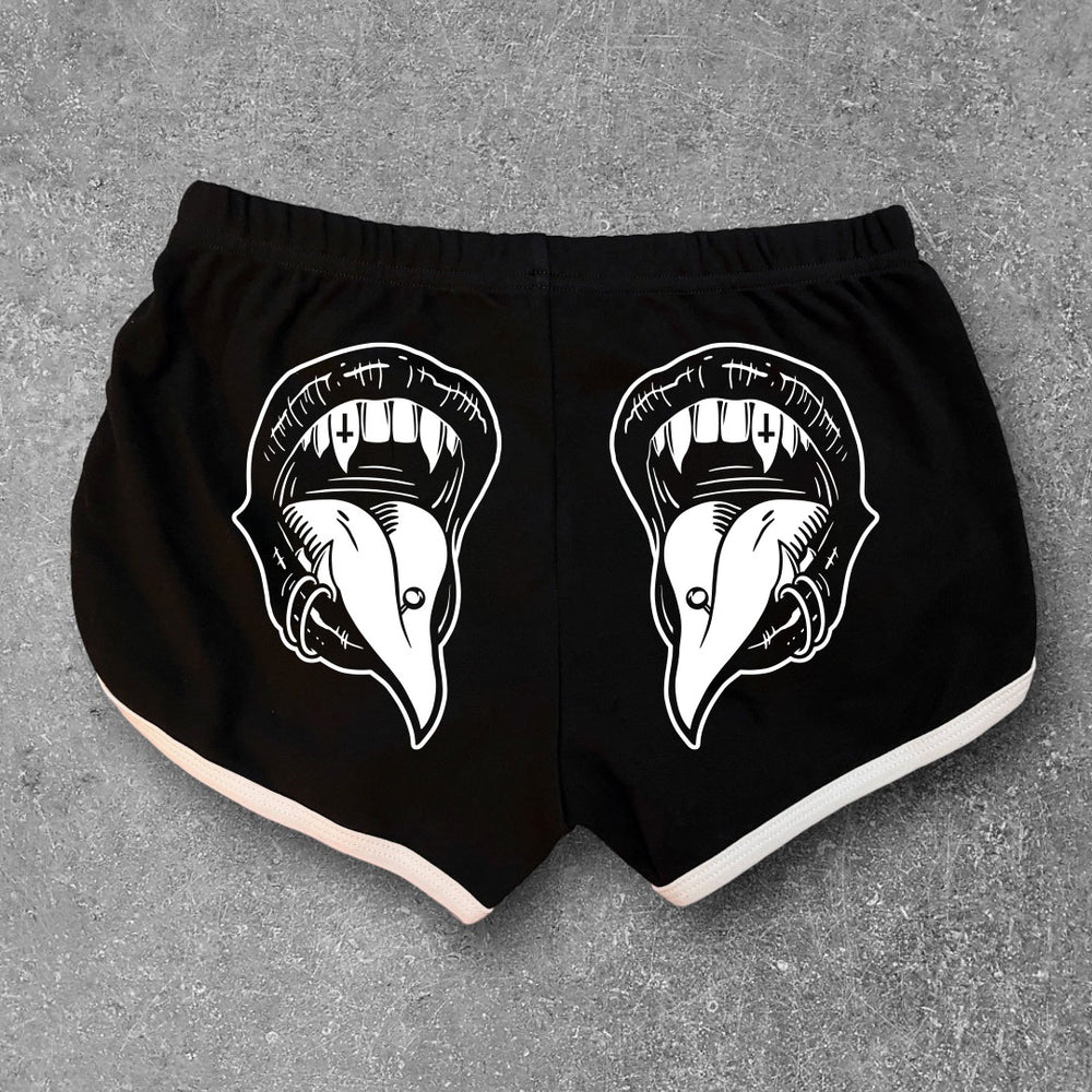 
                  
                    Black goth Vampire Booty Shorts with white trim. Tattoo inspired Dark Art by Xraeart Clothing alternative streetwear.
                  
                