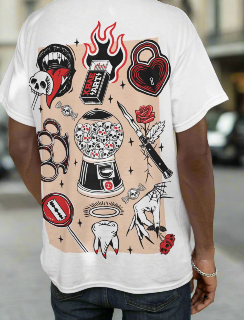 White short sleeve, tattoo flash t-shirt with switchblade, brass knuckles, razor blades and locket. Tattoo inspired Dark Art by Xraeart Clothing alternative streetwear.